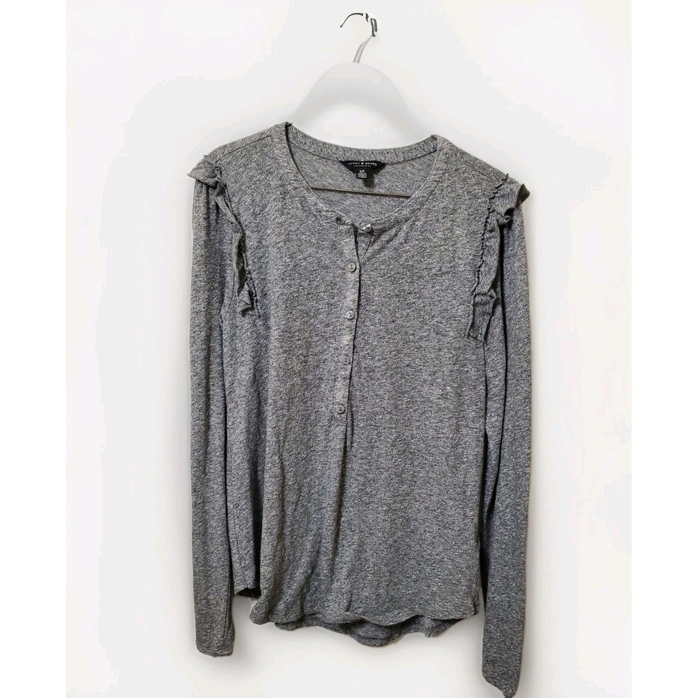 Lucky Brand Women Gray Long Sleeve Top Small Ruffle Frilly Shoulder Button up